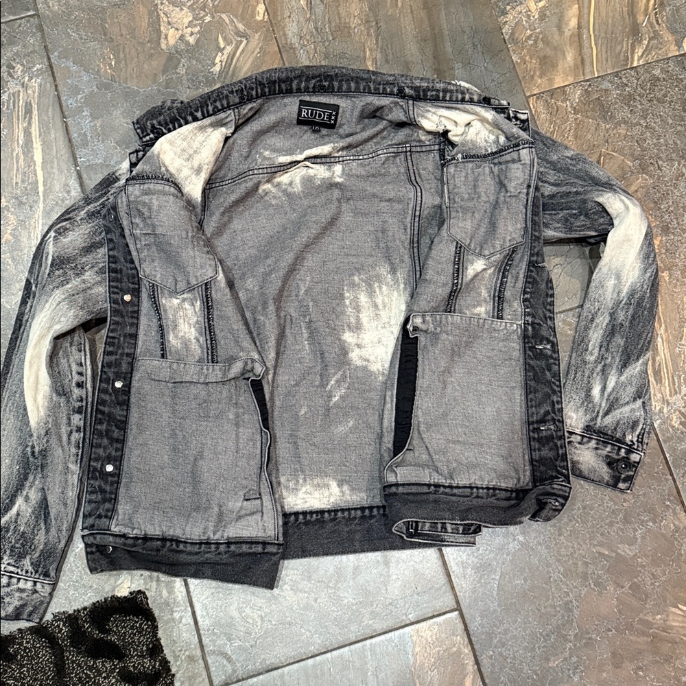 XXX Rude Grey & Black Distressed Bleached Denim Jacket size LG - Picture 4 of 15